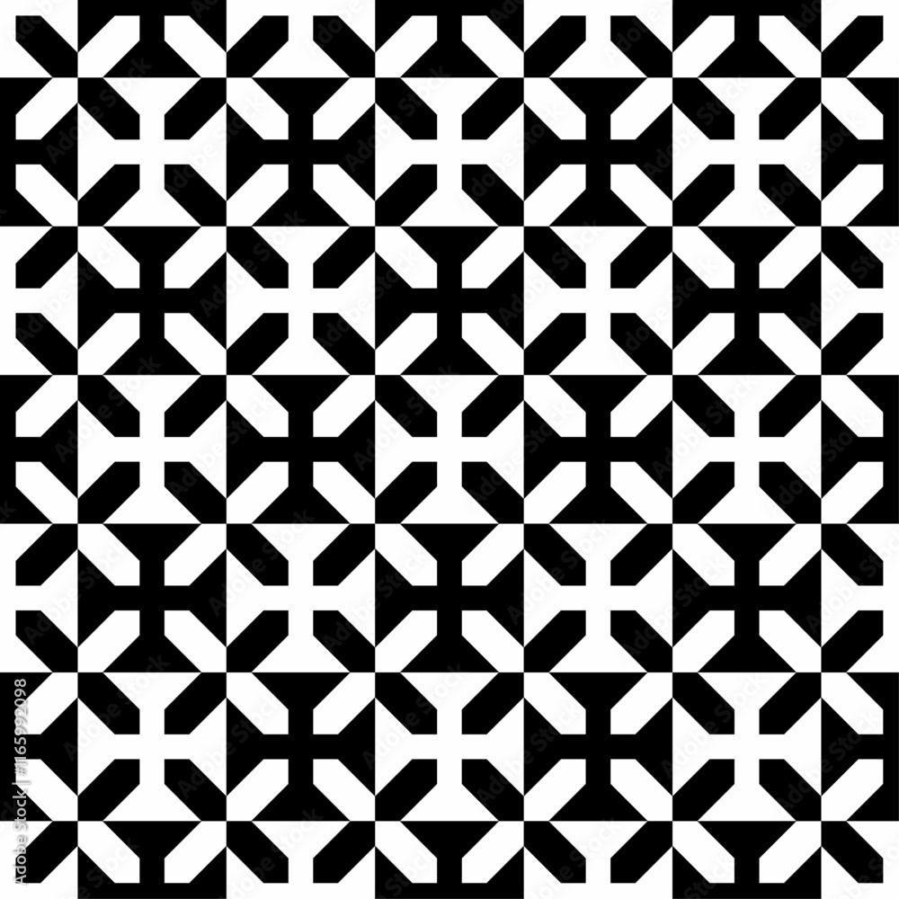 Seamless black and white geometric pattern, featuring a symmetrical design with abstract shapes. Suitable for backgrounds, wallpapers, textiles, fabrics and various creative projects. Seamless black and white geometric pattern, featuring a symmetrical design with abstract shapes. Suitable for backgrounds, wallpapers, textiles, fabrics and various creative projects.