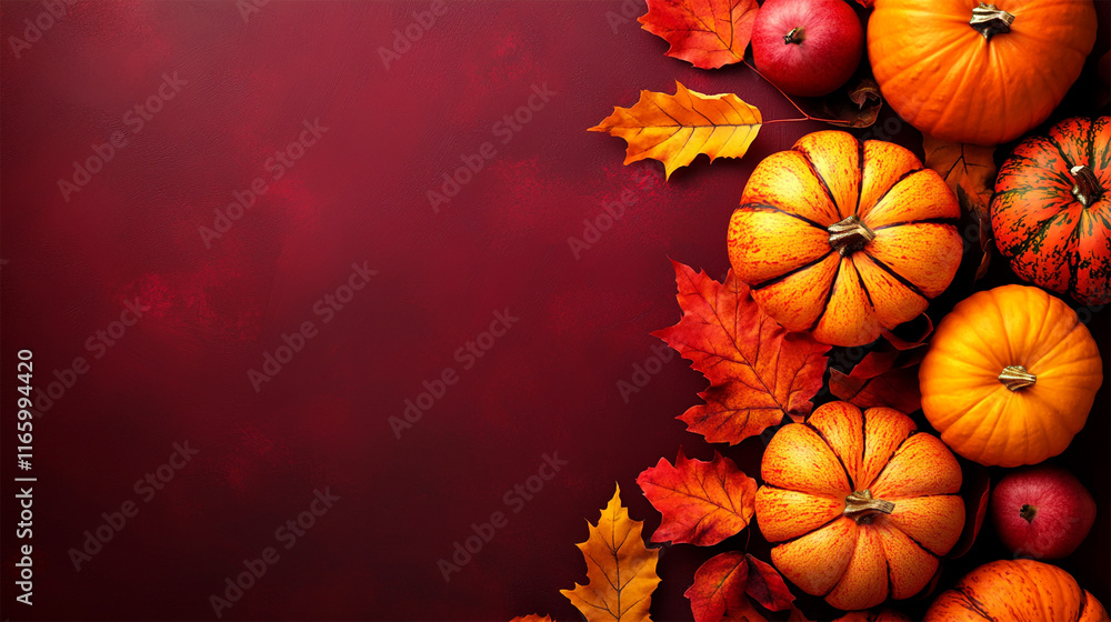 Thanksgiving day concept pumpkins with autumn leaves decoration on maroon texture background Thanksgiving day concept pumpkins with autumn leaves decoration on maroon texture background