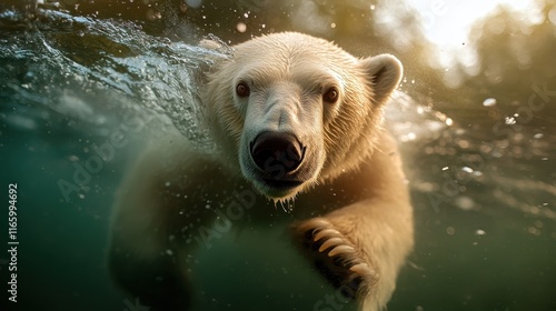 An immersive underwater photograph capturing a curious polar bear swimming gracefully, illustrating the delicate balance of wildlife and its aquatic environment in stunning clarity. photo