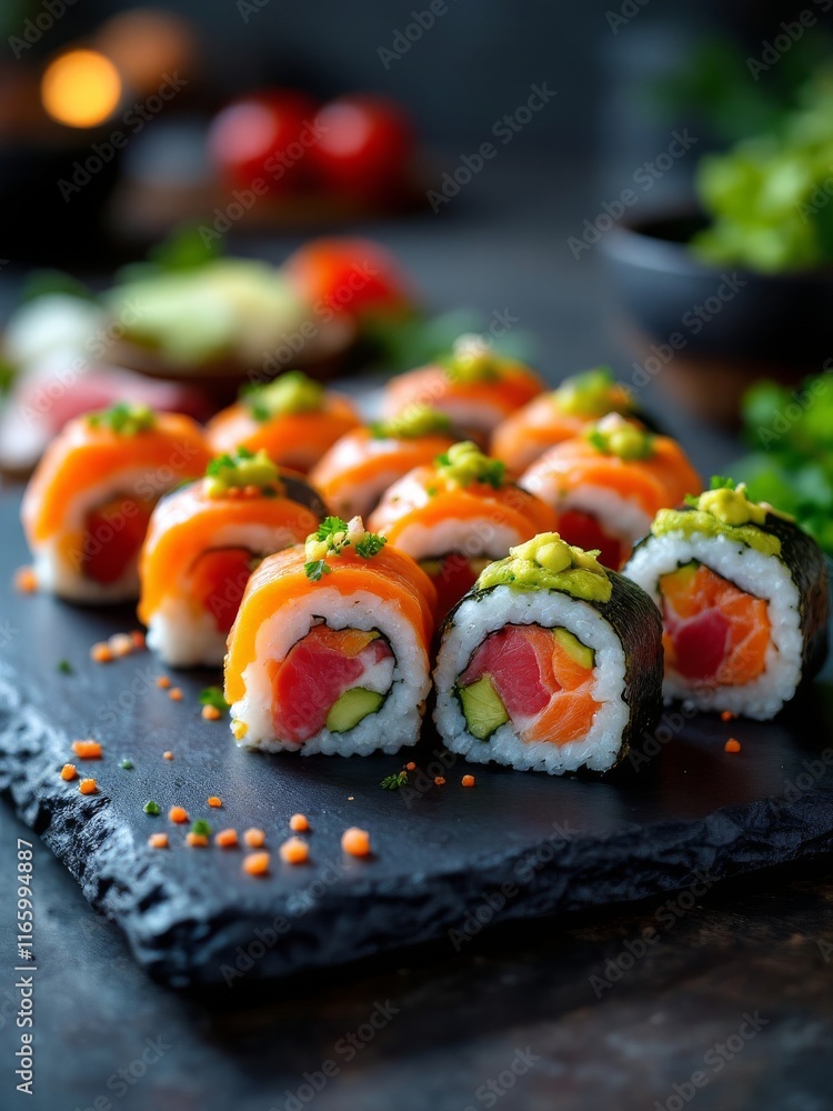 Salmon sushi rolls with avocado and vibrant garnishes Food Photography Salmon sushi rolls with avocado and vibrant garnishes Food Photography