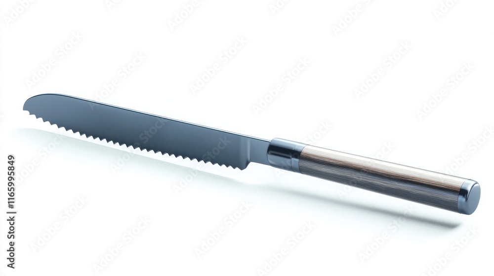A serrated knife with a sleek handle, designed for cutting. A serrated knife with a sleek handle, designed for cutting.