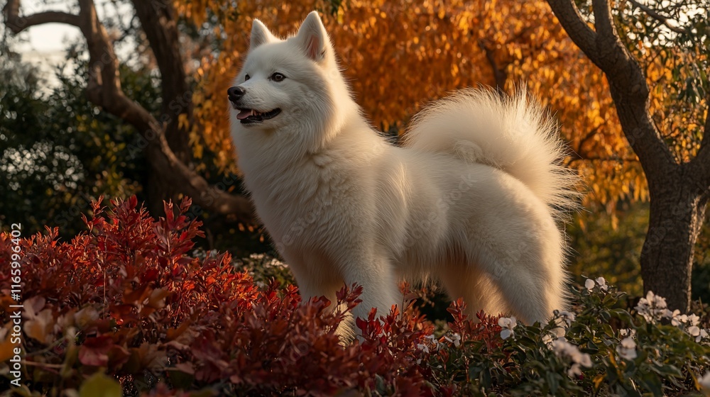 Fototapeta premium White fluffy dog in autumn foliage.