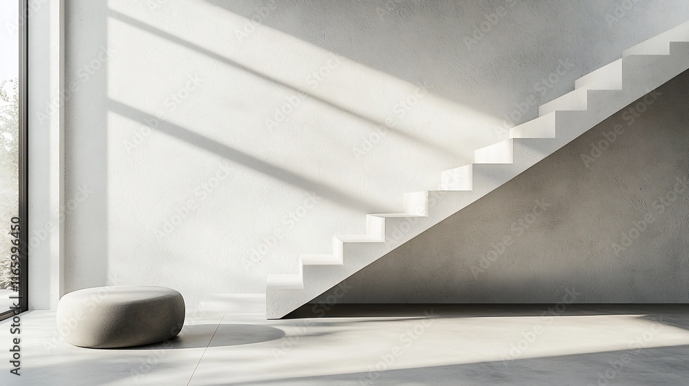 Modern minimalist interior with white staircase and sunlight. Modern minimalist interior with white staircase and sunlight.
