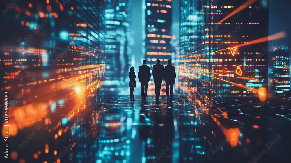 Abstract business team stands on the peak of success amid tall, innovative Smart city and graphs with statistics to analyze business potential and predict future developments in company growth.