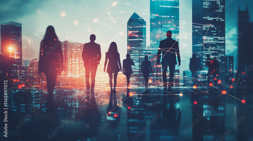 Obraz premium Abstract business team stands on the peak of success amid tall, innovative Smart city and graphs with statistics to analyze business potential and predict future developments in company growth.