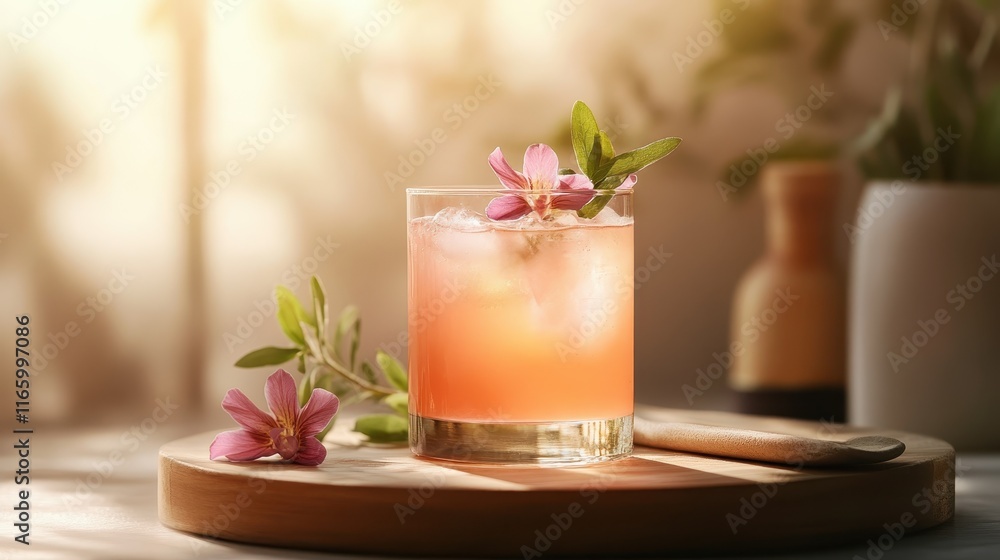An inviting pink beverage adorably garnished with flowers, illuminated by soft natural light, creating a warm and welcoming atmosphere perfect for casual gatherings.