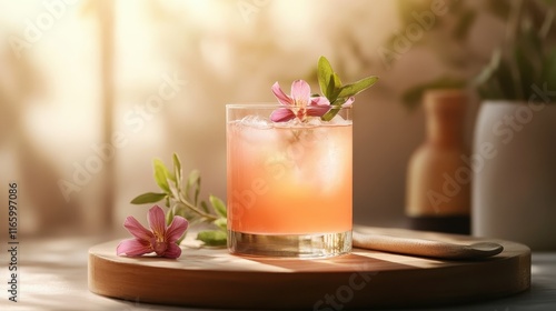 Obraz na płótnie An inviting pink beverage adorably garnished with flowers, illuminated by soft natural light, creating a warm and welcoming atmosphere perfect for casual gatherings. w salonie
