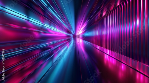 Fototapeta Naklejka Na Ścianę i Meble -  Pink and blue neon lights creating vibrant reflections in a metallic corridor, ideal for backgrounds and wallpapers
