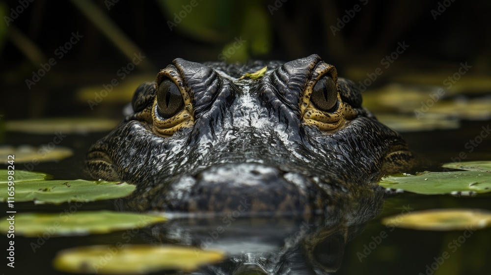 A captivating close-up view of an alligator's eyes peering above water amidst vegetation, illustrating the predator's stealth in a natural aquatic habitat. A captivating close-up view of an alligator's eyes peering above water amidst vegetation, illustrating the predator's stealth in a natural aquatic habitat.