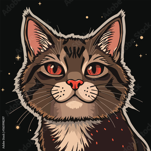 Tabby cat with red eyes against a dark background with twinkling stars