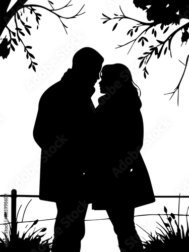  silhouette of lovers in black and white, 90s style, silhouette of a couple in love