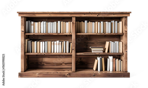 set of wooden book shelve with alot of books in it on a transparent background photo