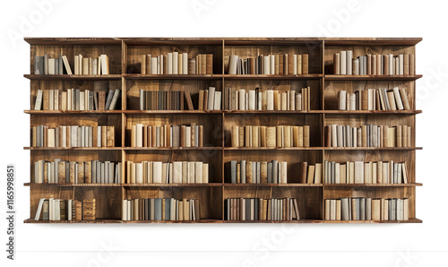 set of wooden book shelve with alot of books in it on a transparent background