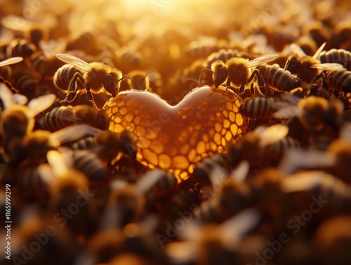 Close-Up of Honeycomb Shaped Like a Heart Surrounded by Busy Bees Collecting Nectar and Pollinating in a Warm Golden Light at Sunset photo