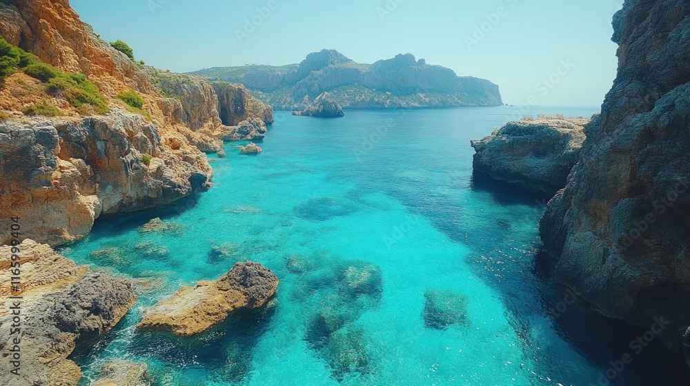 Idyllic turquoise cove with clear water, rocky cliffs, and distant mountains under a sunny sky. Idyllic turquoise cove with clear water, rocky cliffs, and distant mountains under a sunny sky.
