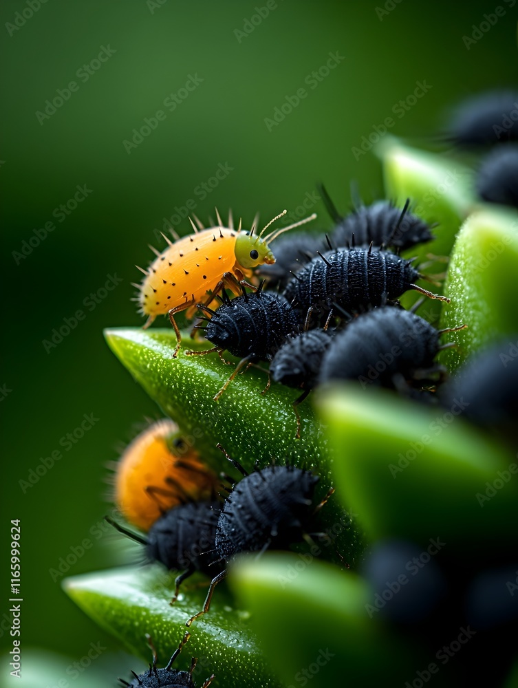 Aphids Clustering on Lush Green Plant Their Bodies Glistening as They Release Pheromones to Signal the Presence of a Succulent Host Macro Photography in Vibrant Colors with Impressionistic Style Aphids Clustering on Lush Green Plant Their Bodies Glistening as They Release Pheromones to Signal the Presence of a Succulent Host Macro Photography in Vibrant Colors with Impressionistic Style
