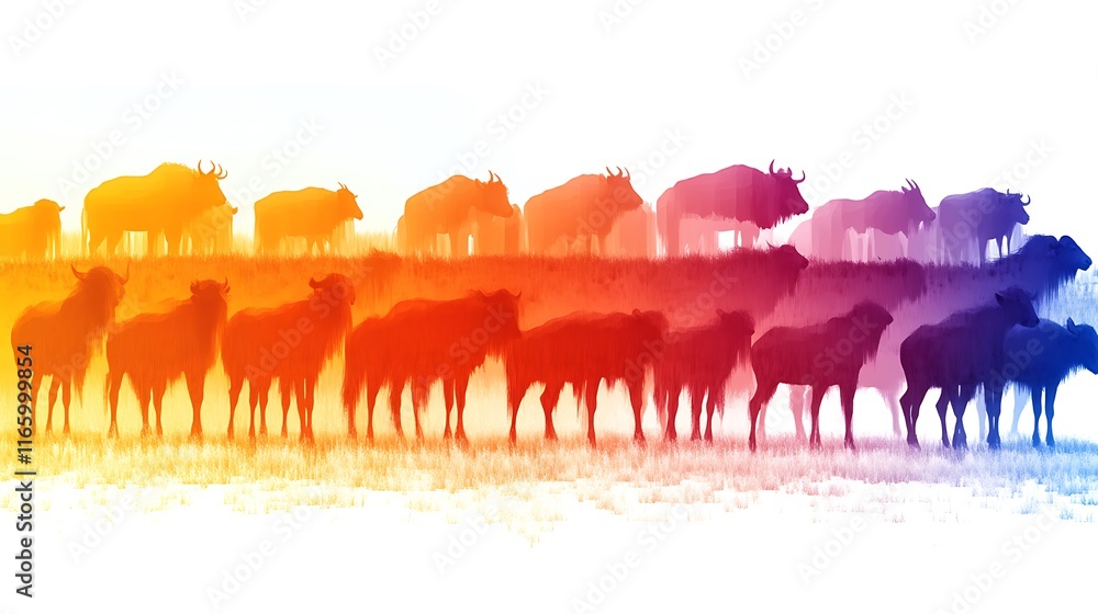 A Rainbow Herd of Wildebeest on the Savanna