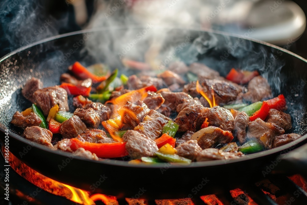Sizzling beef and vegetables cooking over open flames in a skillet at a summer outdoor gathering Sizzling beef and vegetables cooking over open flames in a skillet at a summer outdoor gathering