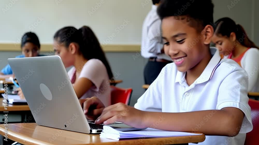 A cheerful young schoolboy smiles brightly while working on a laptop in a vibrant classroom setting. A cheerful young schoolboy smiles brightly while working on a laptop in a vibrant classroom setting.