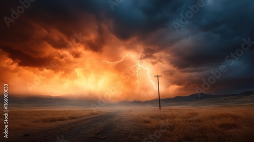 This striking image features a stunning lightning storm raging over a rugged landscape, capturing the drama of nature's fury and the deep emotional connection to the wild. photo