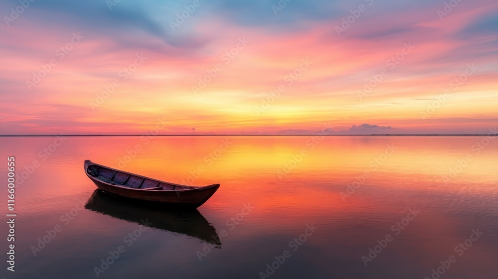 A serene scene capturing a lone boat floating on still waters, surrounded by stunning hues of orange and pink at sunrise, perfect for evoking feelings of solitude and peace.