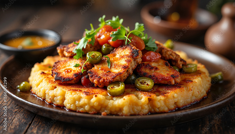 Crispy vegetable fritters served on creamy polenta with olives and tomatoes on a brown plate Crispy vegetable fritters served on creamy polenta with olives and tomatoes on a brown plate