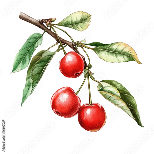 A watercolor of a cornelian cherry, isolated on a white background. Cornelian cherry vector.
