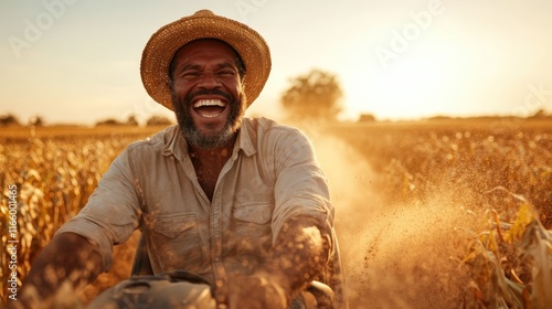 A joyful farmer riding a tractor through golden cornfields during sunset embodies the essence of rural life, illustrating hard work and connection to the land. photo