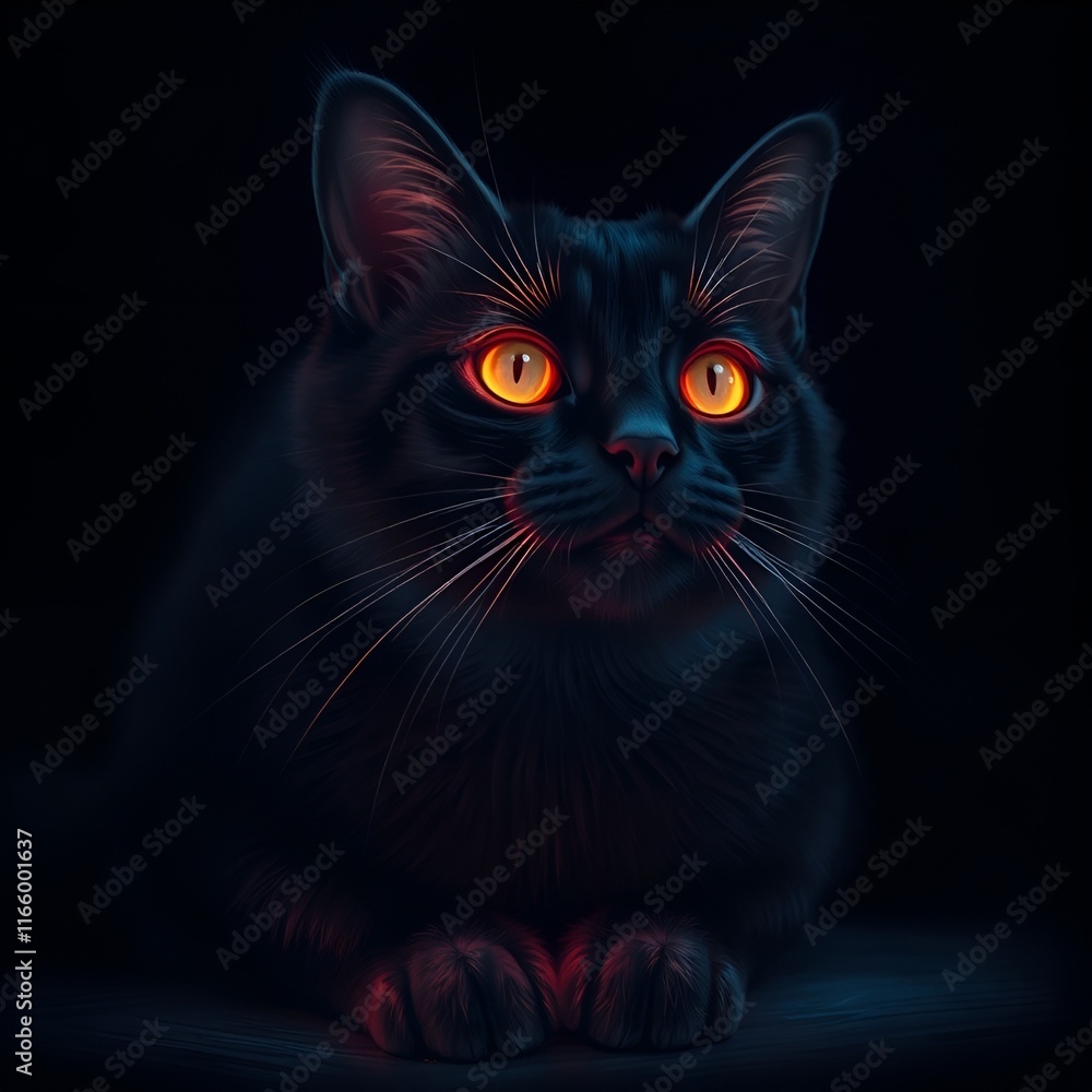 Mysterious black cat with glowing orange eyes resting in a dark setting Mysterious black cat with glowing orange eyes resting in a dark setting