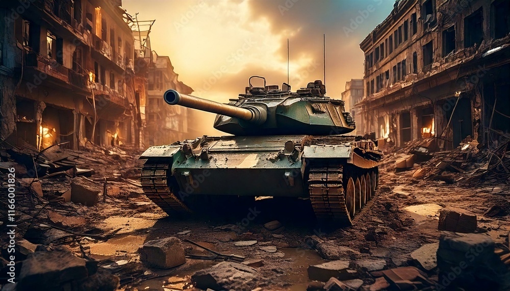 military battle tank in an urban setting