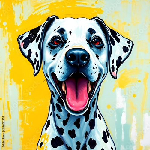 Dalmatian barking, energetic mood, cheerful expression, bright background, copy space photo