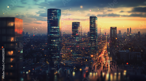 Abstract business team stands on the peak of success amid tall, innovative Smart city and graphs with statistics to analyze business potential and predict future developments in company growth.