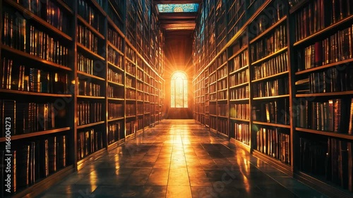A mystical library filled with towering shelves of ancient books, glowing with magical light