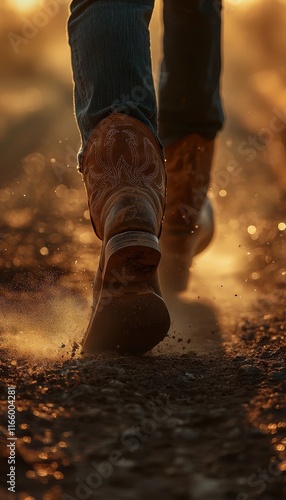 Cowboy Boots Kicking Up Dust on Sunlit Road: Rustic Adventure Theme for Posters or Prints