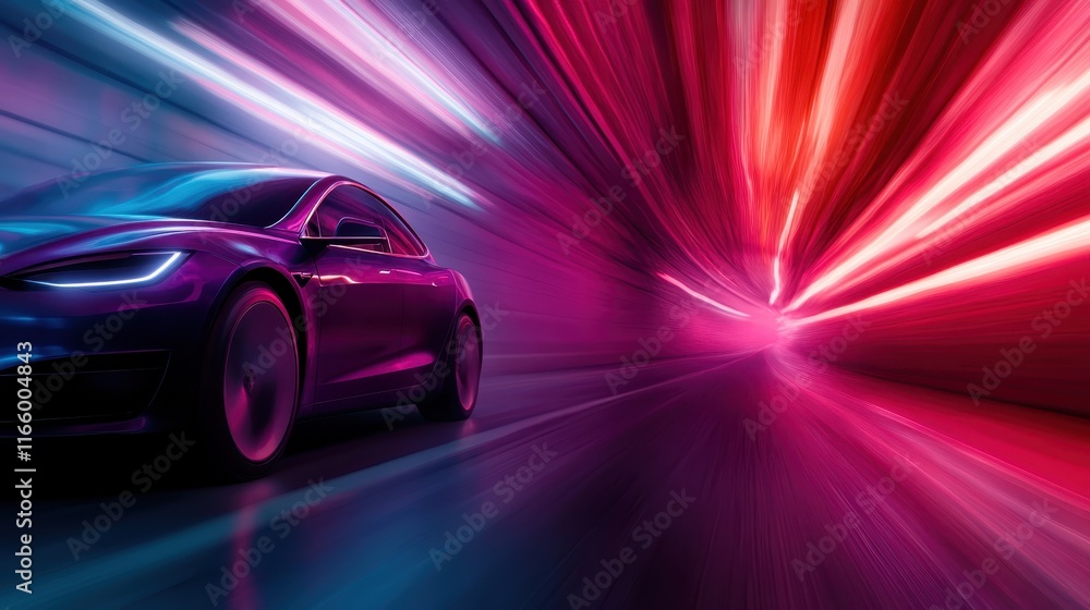 An electric car navigates through a vibrant tunnel illuminated by striking light patterns, representing the fusion of automotive innovation and futuristic aesthetics. An electric car navigates through a vibrant tunnel illuminated by striking light patterns, representing the fusion of automotive innovation and futuristic aesthetics.