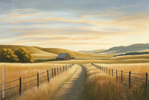 Serene countryside landscape with golden fields and distant mountains during sunset