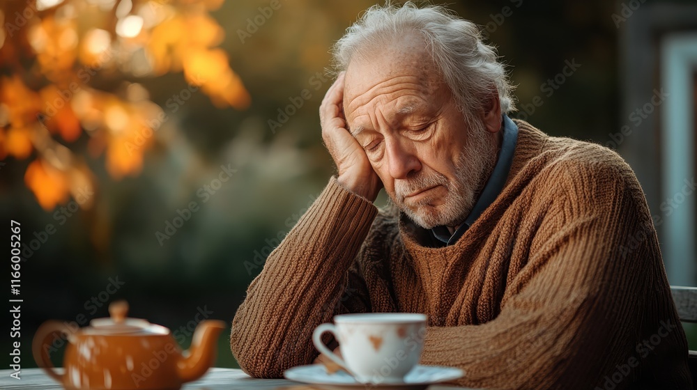 An elderly man reflects in a peaceful outdoor setting, resting his head on his hand, conveying a sense of contemplation and nostalgia amidst the autumn atmosphere. An elderly man reflects in a peaceful outdoor setting, resting his head on his hand, conveying a sense of contemplation and nostalgia amidst the autumn atmosphere.
