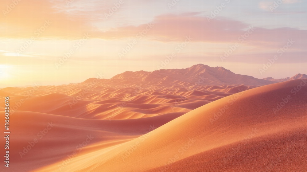 Empty desert landscape with golden sand dunes, soft sunset lighting, vast and serene minimalistic scene Empty desert landscape with golden sand dunes, soft sunset lighting, vast and serene minimalistic scene