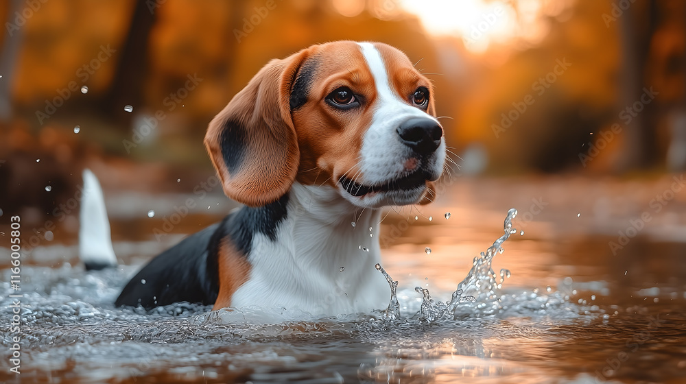 beagle playfully splashing in shallow water, surrounded by autumn foliage, showcasing joy and energy. scene captures essence of fun outdoor adventure beagle playfully splashing in shallow water, surrounded by autumn foliage, showcasing joy and energy. scene captures essence of fun outdoor adventure