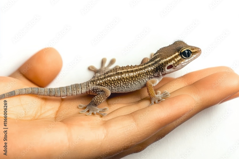 Naklejka premium Tiny gecko resting on childs palm against a clean white background
