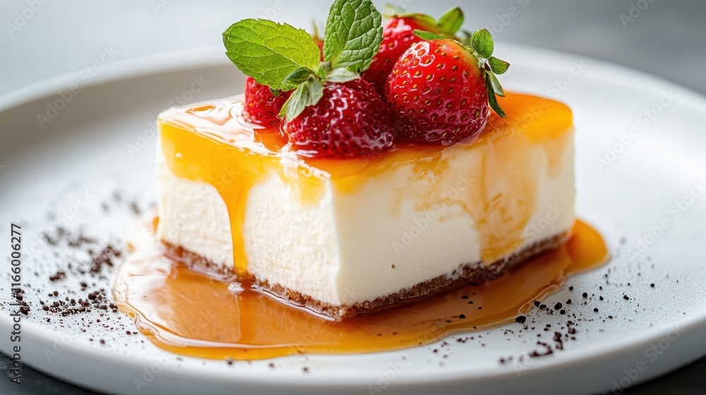 An exquisite cheesecake served on a pale plate, adorned with fresh strawberries and a luxurious caramel sauce, showcasing culinary craftsmanship in dessert presentation. An exquisite cheesecake served on a pale plate, adorned with fresh strawberries and a luxurious caramel sauce, showcasing culinary craftsmanship in dessert presentation.