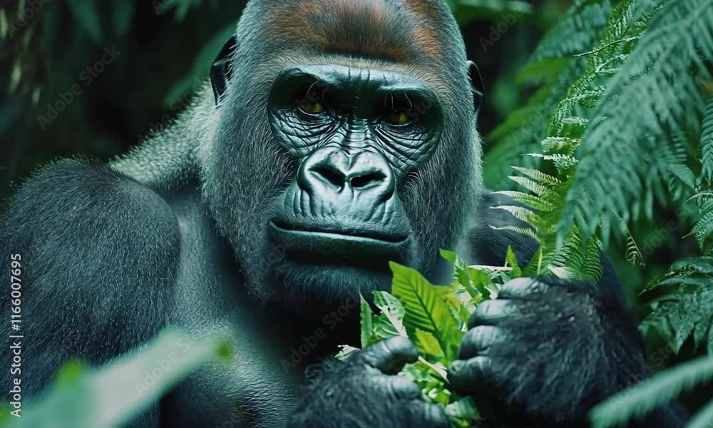 A close-up of a gorilla eating leaves in a lush, green environment. A close-up of a gorilla eating leaves in a lush, green environment.