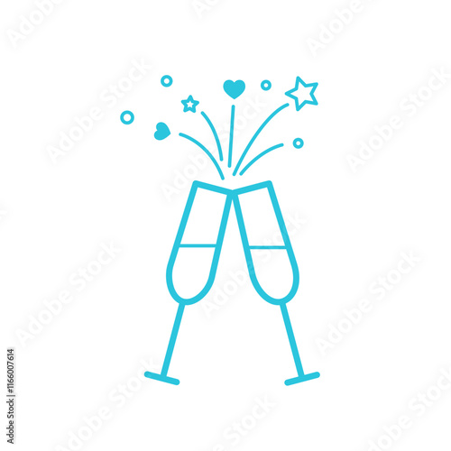 When Two Glasses Collide. Cheers to New Adventures. Isolated on white. Blue icon set.