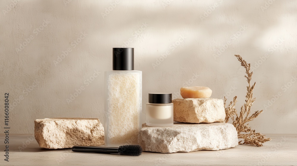 This image presents a composition of skincare products with natural ingredients, nestled among stones, symbolizing purity and connection to nature for a peaceful atmosphere. This image presents a composition of skincare products with natural ingredients, nestled among stones, symbolizing purity and connection to nature for a peaceful atmosphere.
