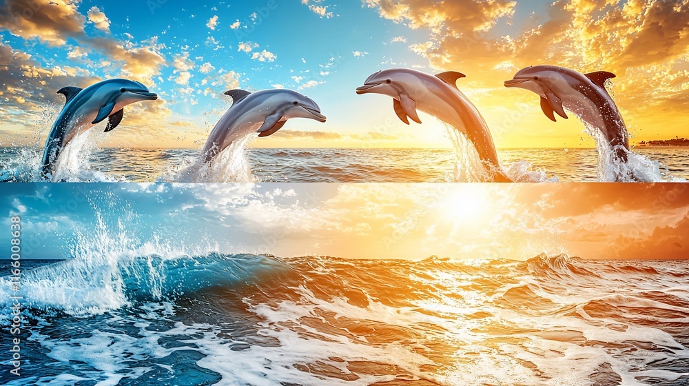 Fototapeta premium Four dolphins leaping from ocean waves at sunset.