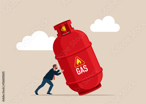 Nervous businessman trying to stop gas cylinder it fall. Commodities price for trading and investment. Flat vector illustration
