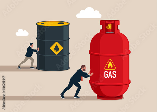 Competition. Enterprising businessman pushes barrels oil and gas cylinder. Direction to victory. Winning strategy business concept. Effective achievement. Flat vector illustration.