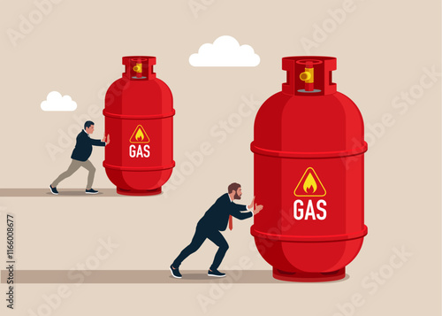 Competition. Enterprising businessman pushes gas cylinder. Direction to victory. Winning strategy business concept. Effective achievement. Crisis gas. Flat vector illustration.