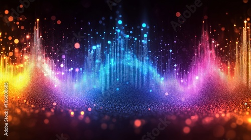 A vibrant digital soundwave bar graph with glowing particles, symbolizing music, energy, and data in a futuristic visual representation of sound and motion photo