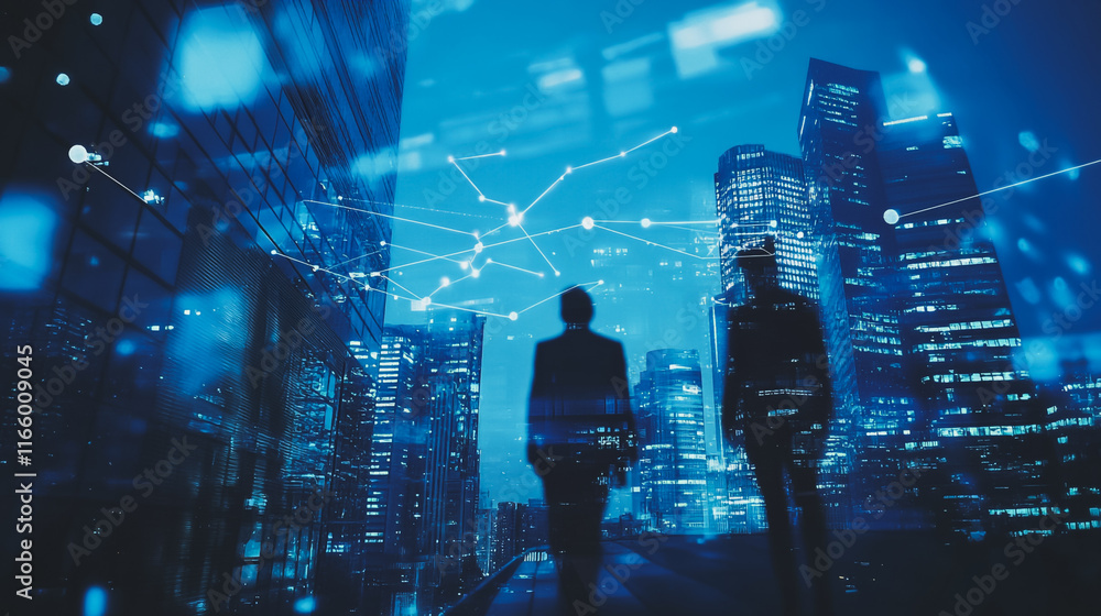 Abstract business team stands on the peak of success amid tall, innovative Smart city and graphs with statistics to analyze business potential and predict future developments in company growth. Abstract business team stands on the peak of success amid tall, innovative Smart city and graphs with statistics to analyze business potential and predict future developments in company growth.